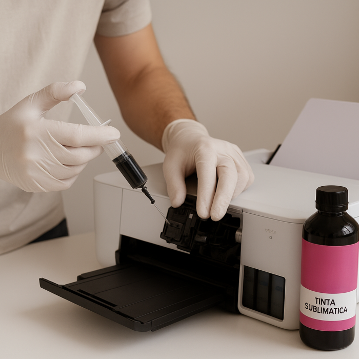 Pessoa realizando manutenção preventiva em uma impressora de sublimação Epson, limpando o cabeçote e utilizando tintas Gênesis para preservar o equipamento.